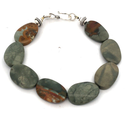 925 Sterling Silver Estate Oval Multicolor Green Bloodstone Beaded Hook Bracelet