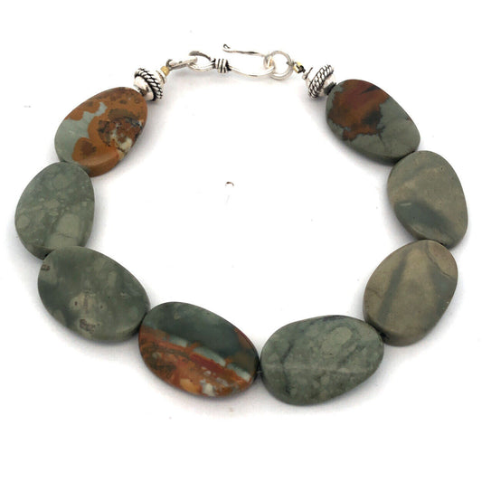 925 Sterling Silver Estate Oval Multicolor Green Bloodstone Beaded Hook Bracelet