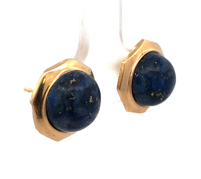 Vintage 14K Yellow Gold Round Lapis Lazuli Cabochon Modernist Stud Earrings