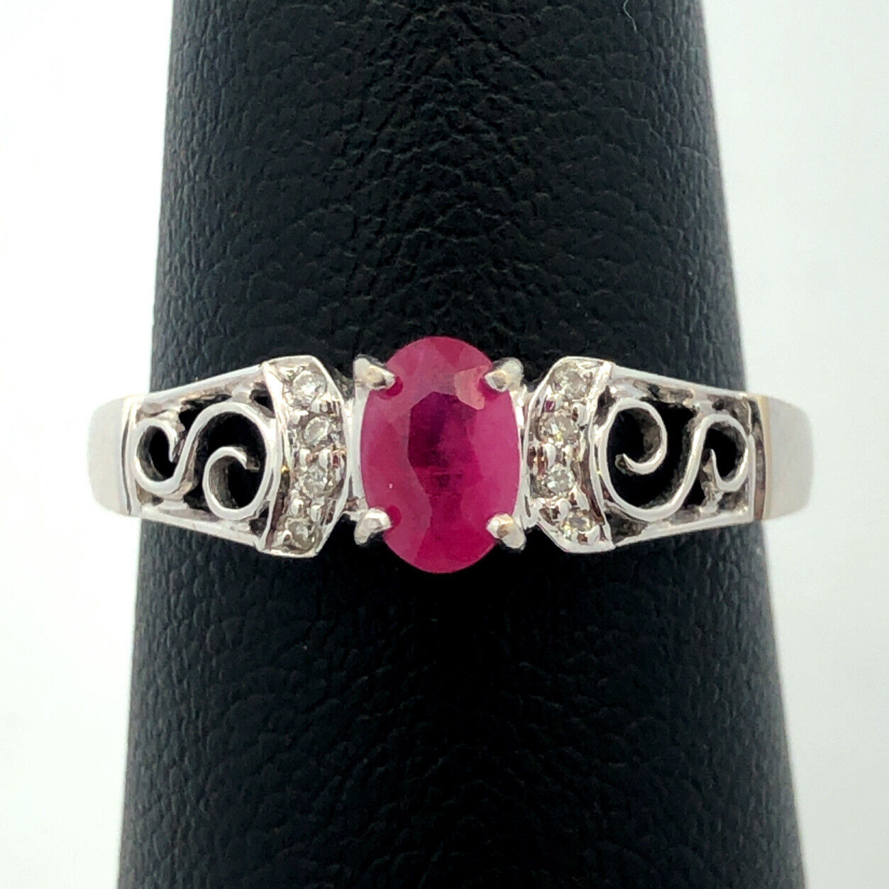 Designer F. Lau 14K White Gold Oval Ruby Diamond Accents Anniversary Ring