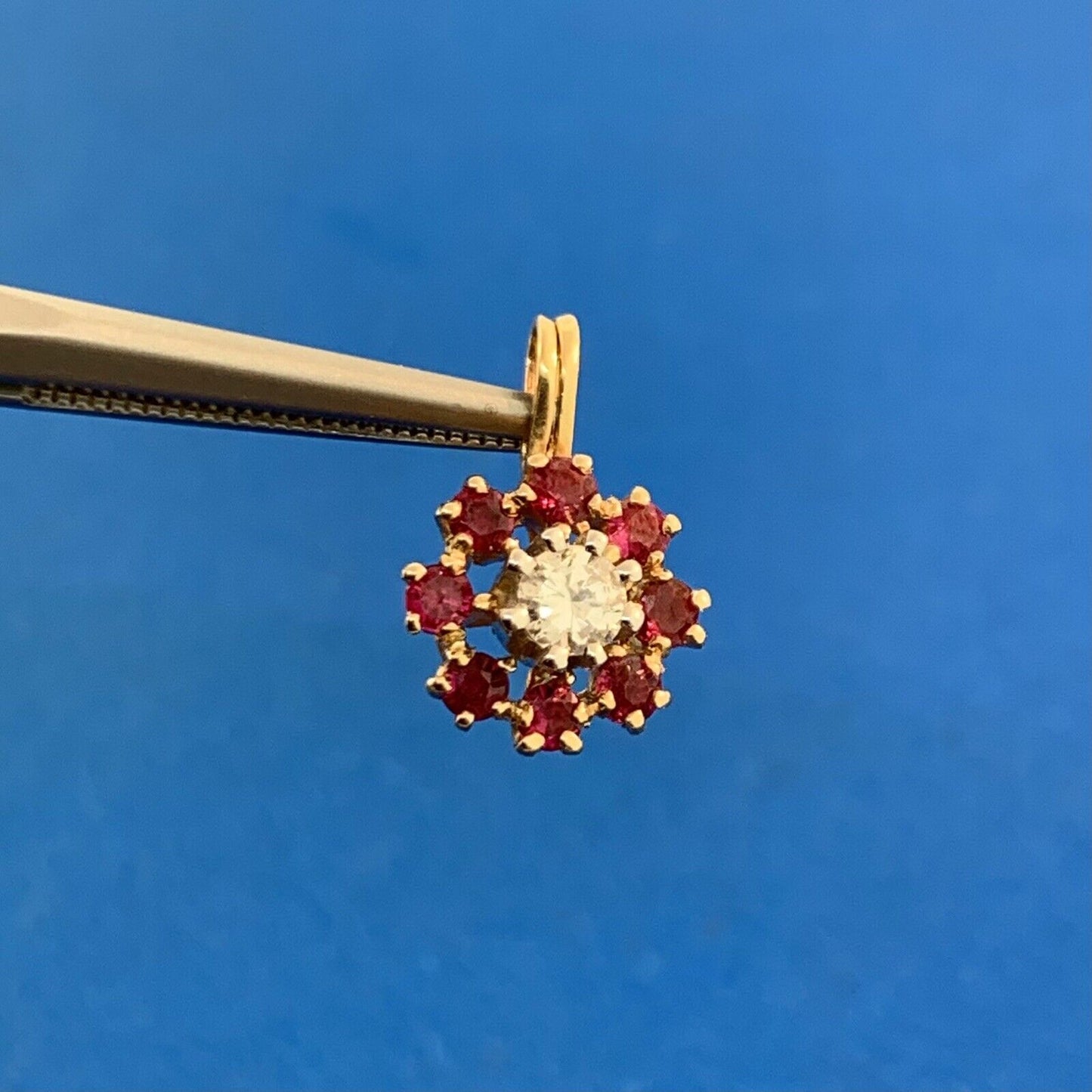 14K Yellow Gold Diamond Ruby Halo Flower Drop Pendant