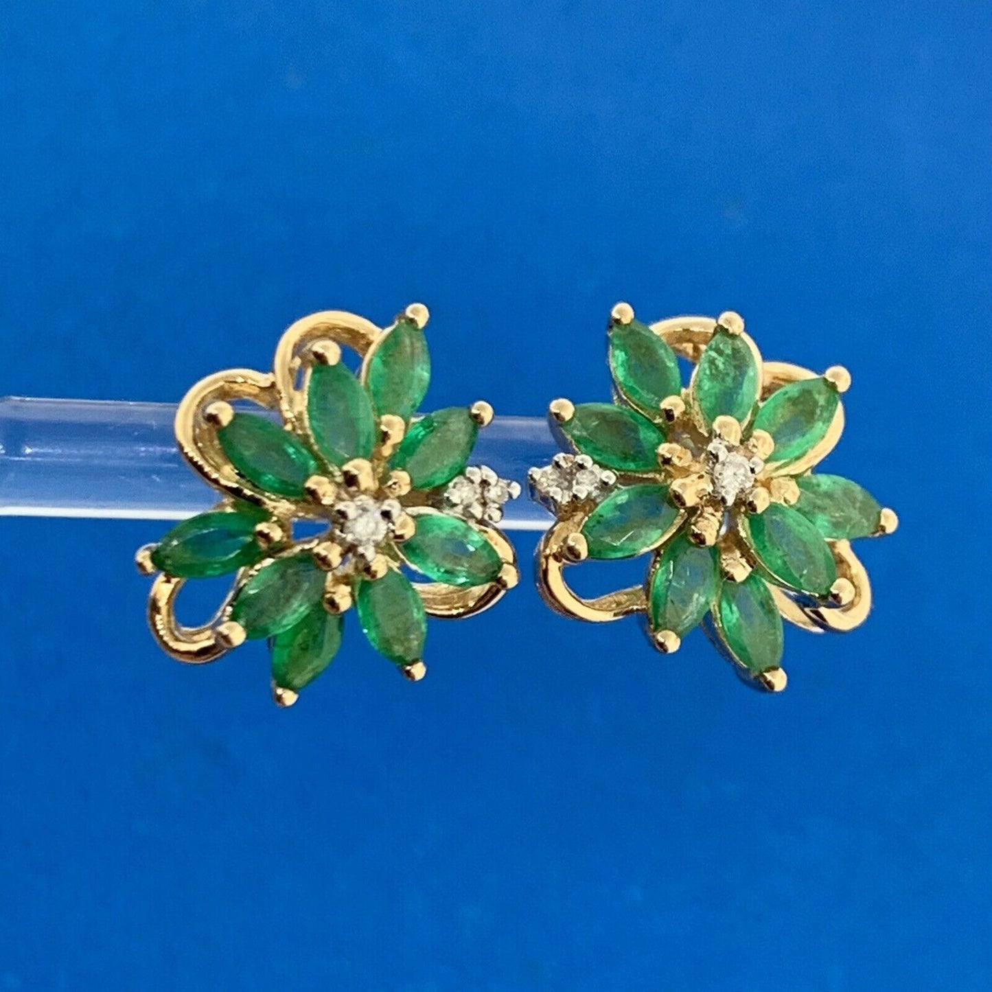 Designer 10K Yellow Gold Marquise Emerald Diamond Accented Floral Stud Earrings