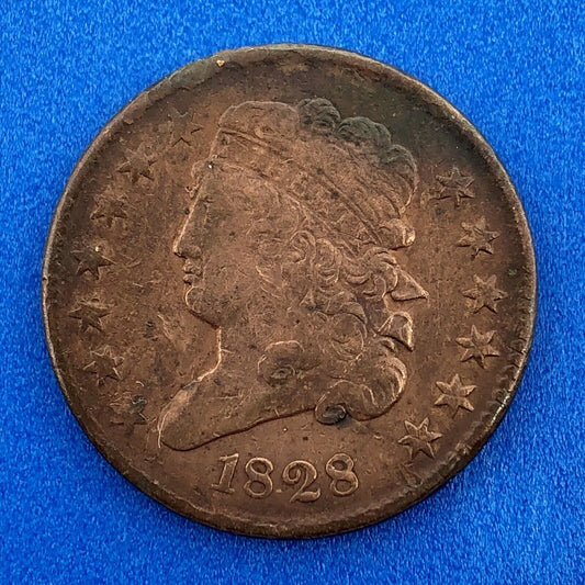 1828 P Classic Head Thirteen Stars Copper Half Cent Early US Copper XF Details