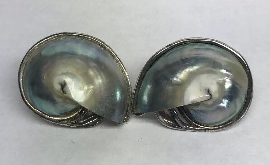 Vintage Sterling Silver 925 Abalone Sea Snail Shell Statement Earrings S162