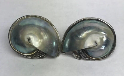 Vintage Sterling Silver 925 Abalone Sea Snail Shell Statement Earrings S162