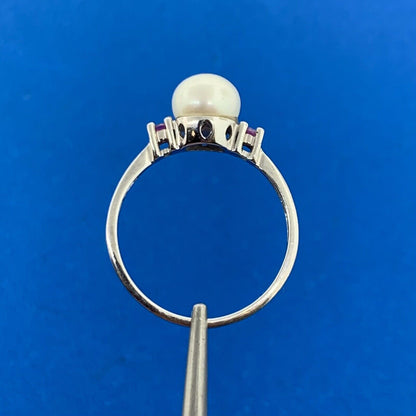 Designer 10K White Gold Pearl Ruby Accented Size 7 Ring