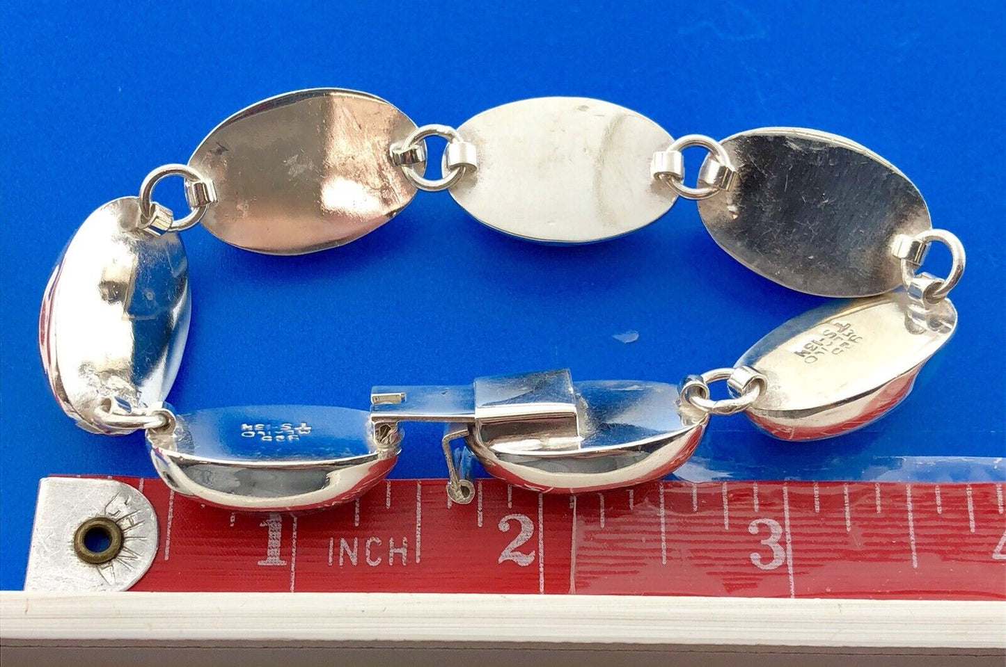 Taxco Mexico 925 Sterling Silver Oval Mahogany Obsidian Cabochon Panel Bracelet