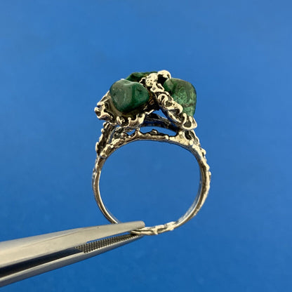 Vintage Artisan Sterling Silver Malachite Hand Wrought Textured Free Form Ring