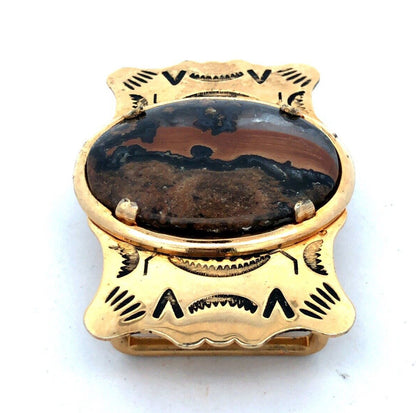 Retro Gold Tone Brass Southwestern Etched Oval Volcanic Stone Unisex Belt Buckle