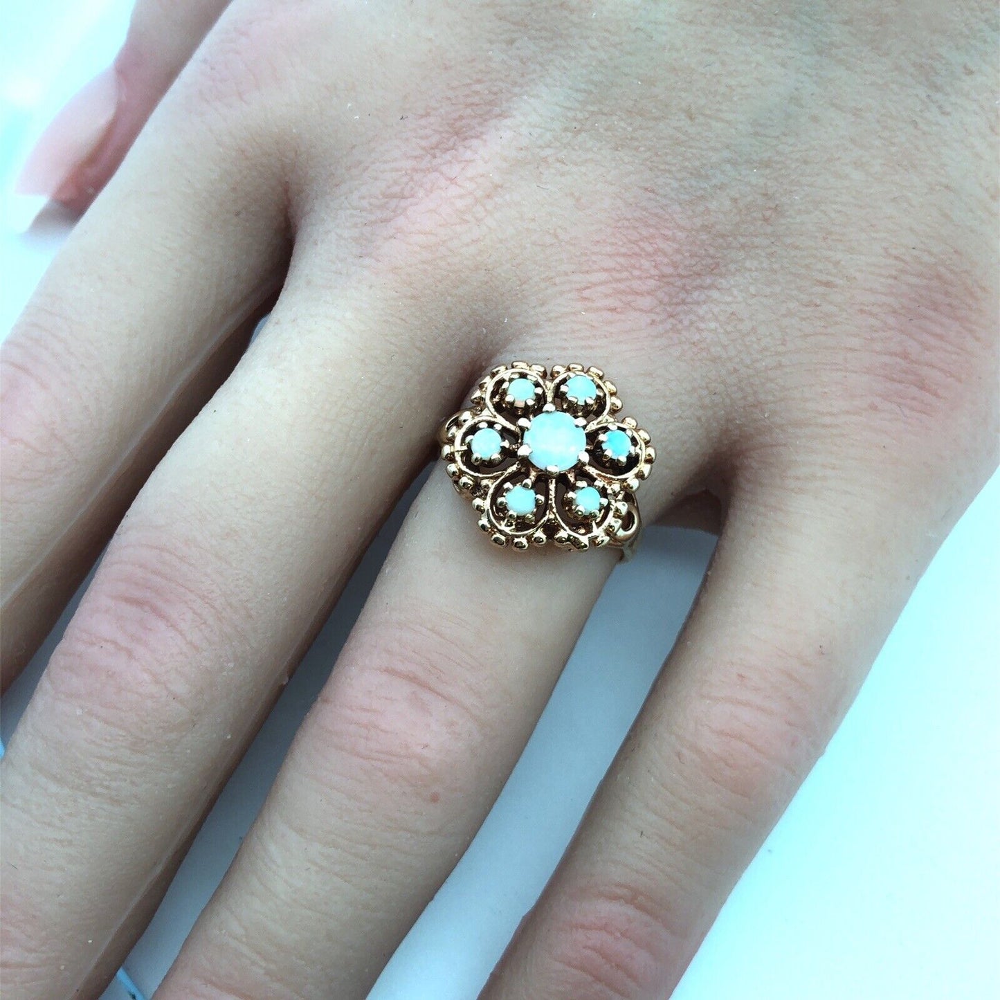 Designer ROMANY 10K Yellow Gold Opal Cabochon Flower Bead Detail Cocktail Ring