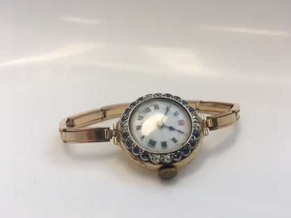 Ladies Vintage Victorian 14K Yellow Gold Diamond Sapphire Watch Adjusting Band