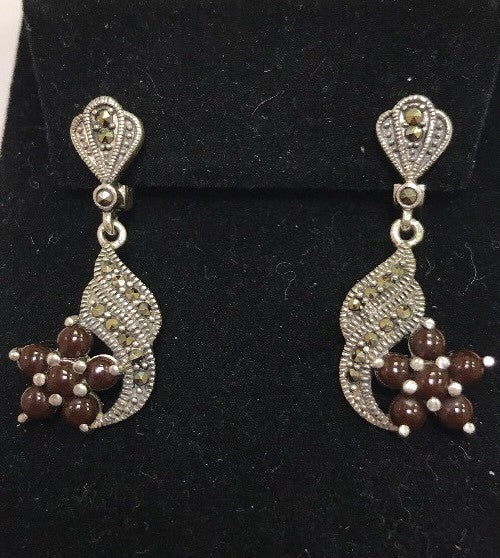 Vintage Sterling Silver 925 Marcasite Agate Flower Art Deco Style Drop Earrings