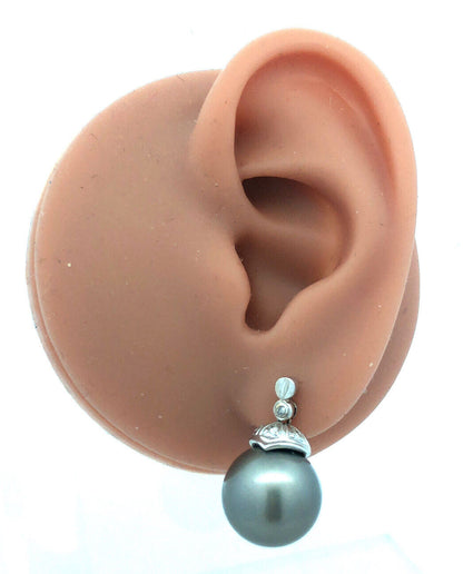 Gorgeous 14k White Gold Gray Pearl Round Cut Diamond Dangle Earrings 13.5mm