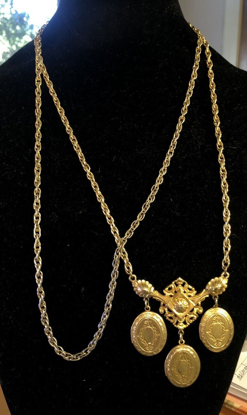 Arthur Pepper Mid Century Gold Tone Oval Locket Double Chain Statement Necklace