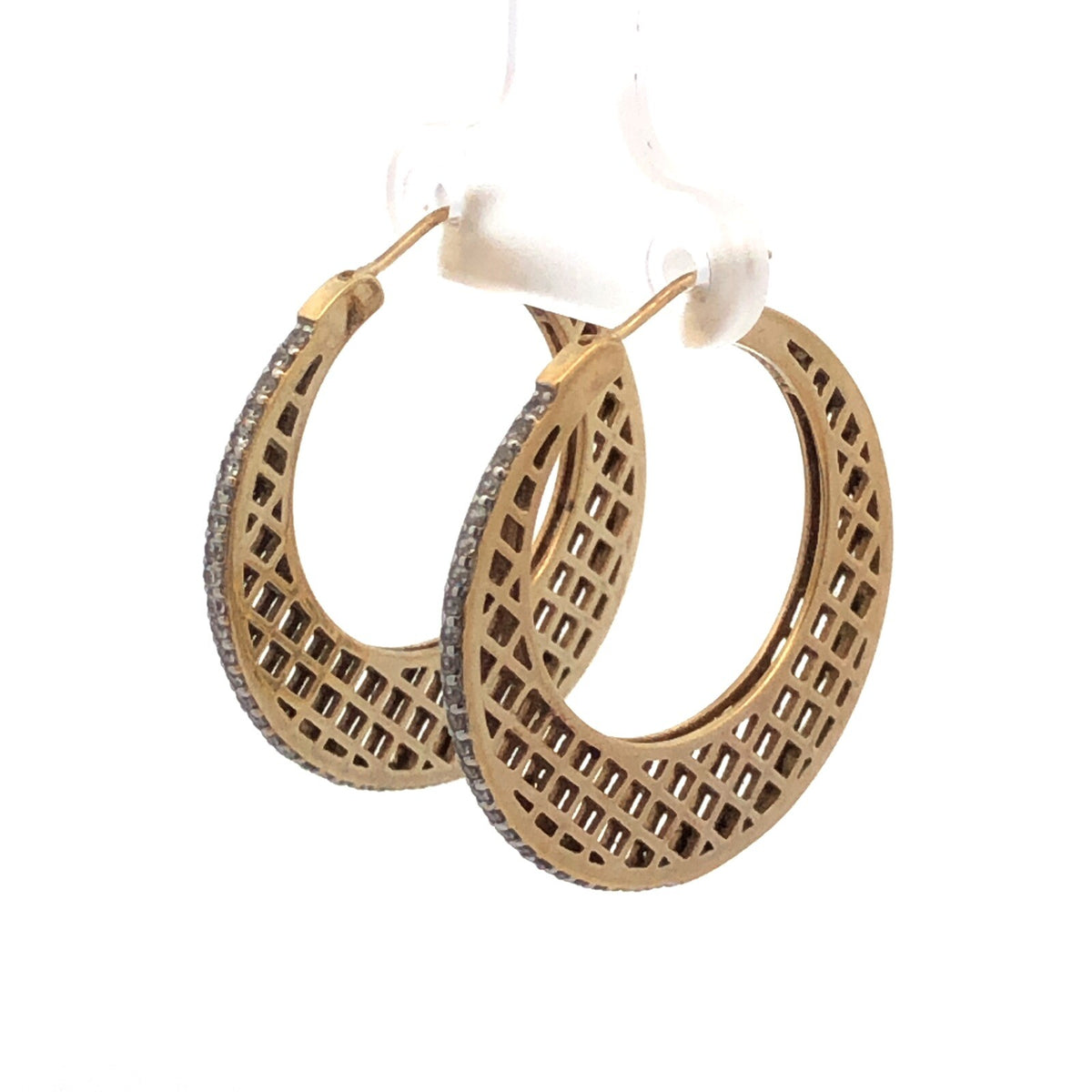 Vermeil 925 Sterling Silver Basket Weave Hoop Cubic Zirconia Border Earrings