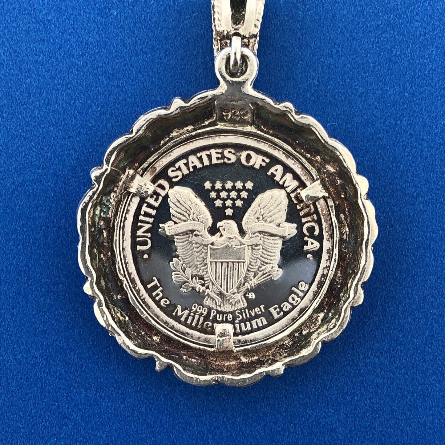 USA .999 Fine Silver Millennium Eagle w/ Sterling Silver 925 Coin Holder Pendant