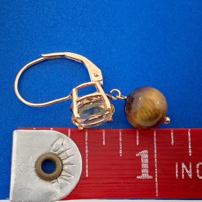 Vintage 14K Yellow Gold Citrine Solitaire Tigers Eye Ball Drop Dangle Earrings