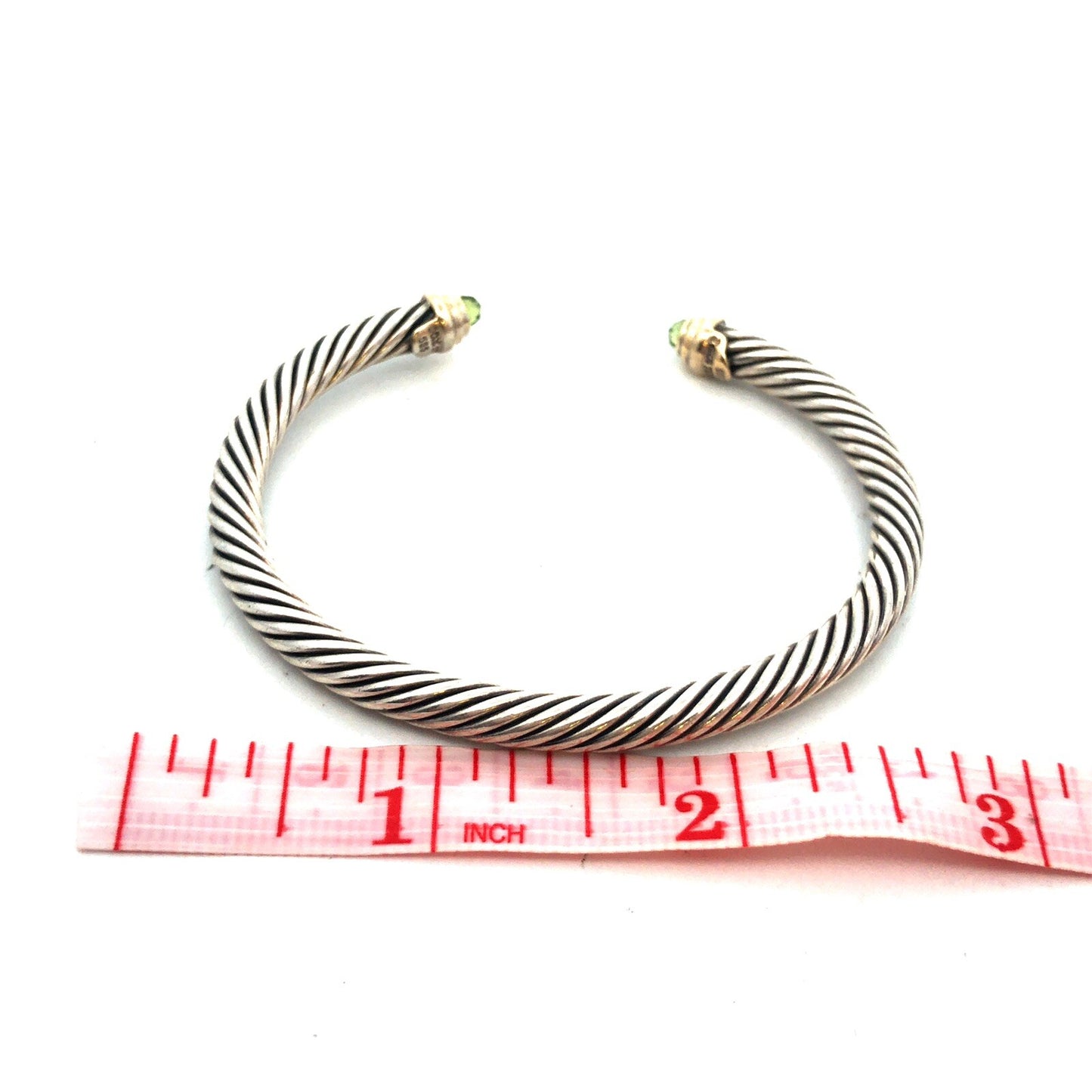 David Yurman Sterling Silver 14K Gold Peridot 5mm Classic Cable Cuff Bracelet