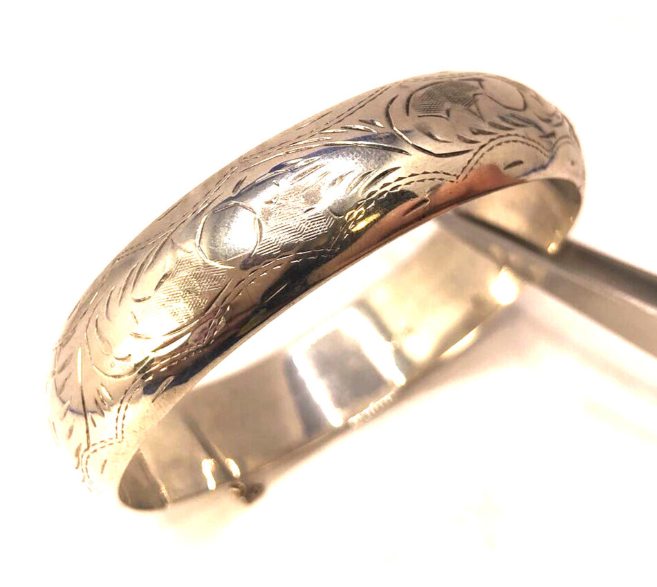 Designer EURS 925 Sterling Silver Leaf Scroll Design Closed Hinged Cuff Bracelet