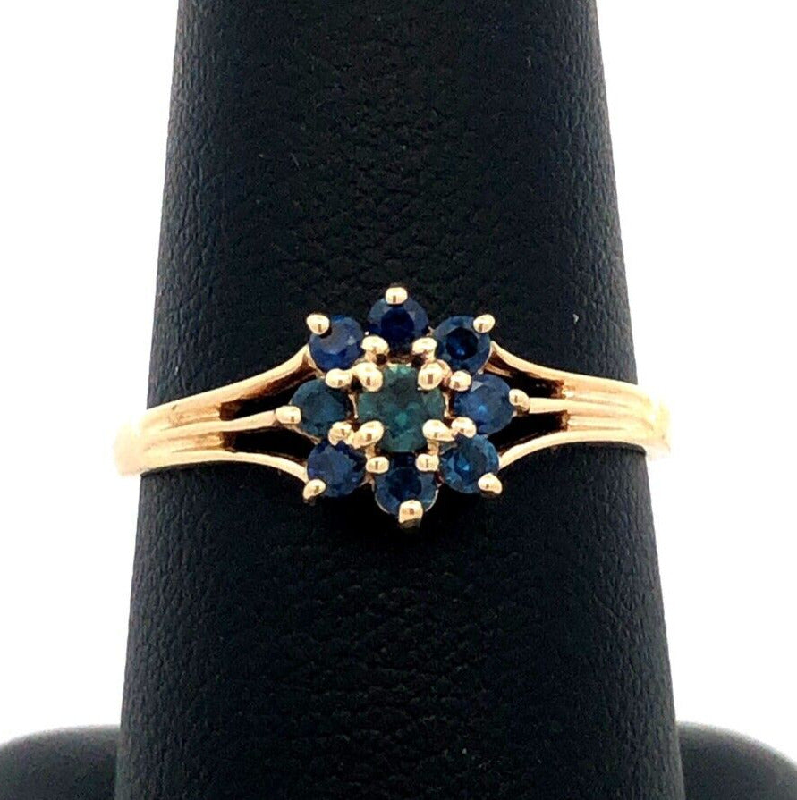 Designer 14K Yellow Gold Round Blue Sapphire Flower September Anniversary Ring