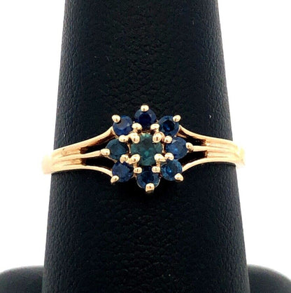 Designer 14K Yellow Gold Round Blue Sapphire Flower September Anniversary Ring