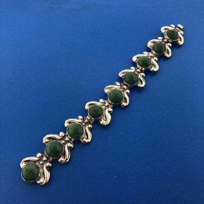 Estate 925 Sterling Silver Green Onyx Cabochon Floral Scroll Panel Link Bracelet