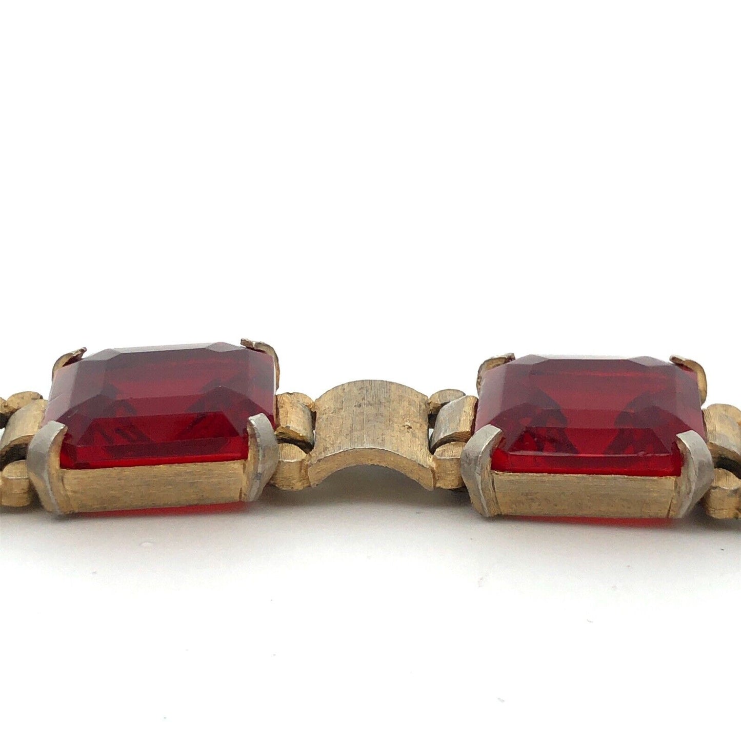 Chunky Funky 70's Runway Couture Gold Tone Square Red Glass Modernist Bracelet