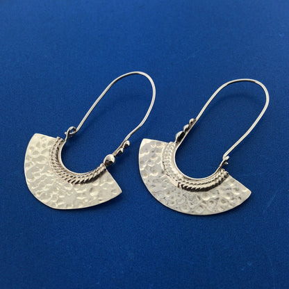 Stunning Mexican Sterling Silver 925 Textured Crescent Drop Wire Hook Earrings