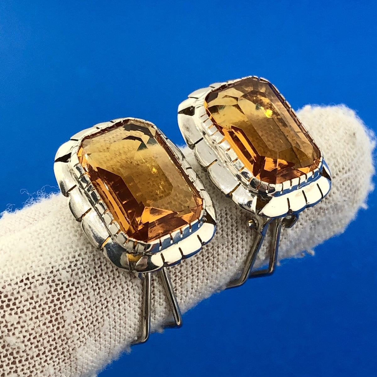 Designer 925 Sterling Silver Rectangle Orange Cubic Zirconia Statement Earrings
