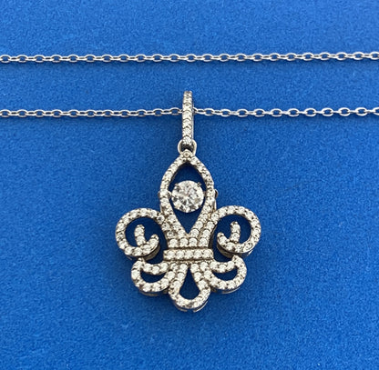 Designer 925 Sterling Silver Floating Cubic Zirconia Fleur De Lis Necklace