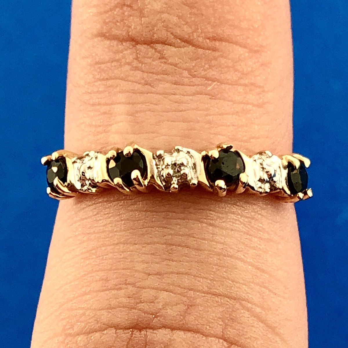 Retro 10K Yellow White Gold Sapphire Diamond Stackable Anniversary Band Ring