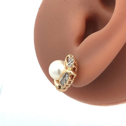 Designer 14K Yellow Gold Pearl Diamond Halo Statement Stud Earrings