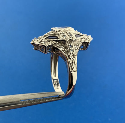 Designer 925 Sterling Silver White Topaz Blue Sapphire Art Deco Style Ring