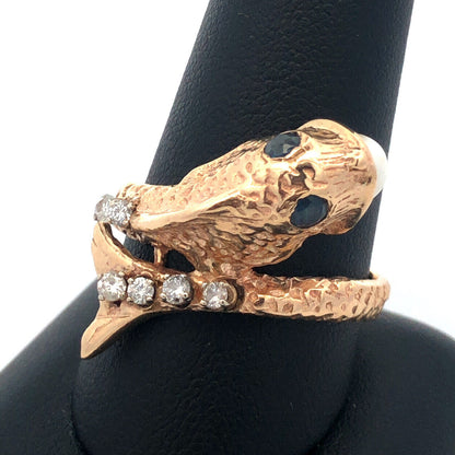 Vintage 14K Yellow Gold Diamond Pearl Blue Sapphire Fish Bypass Ring