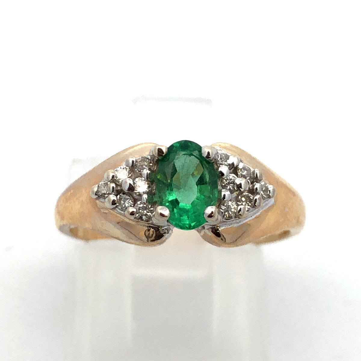 10K Yellow Gold Oval Emerald Solitaire Diamond Accented Cocktail Ring