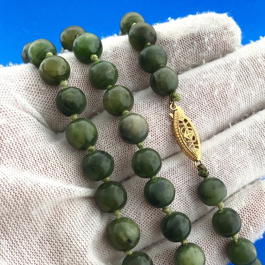 Estate 10K Yellow Gold Jade Bead Ball Hand Knotted Statement Necklace
