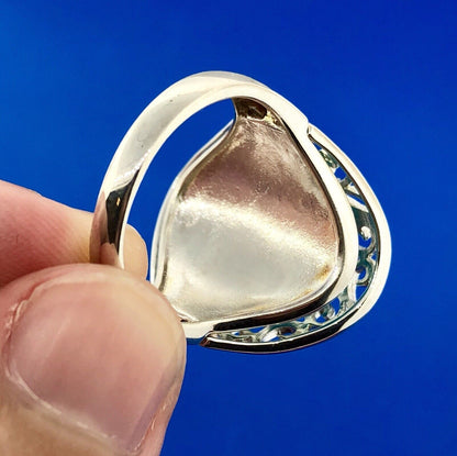 Designer 925 Sterling Silver Aqua Enamel Swirl Scroll Open Work Statement Ring