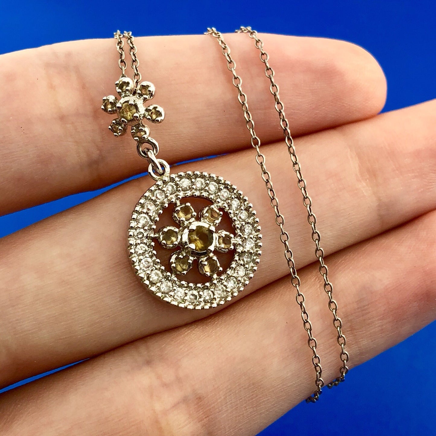 Designer 925 Sterling Silver Topaz Diamond Floral Double Drop Pendant Necklace