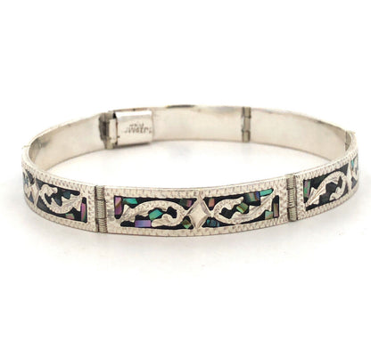 Vintage Taxco Mexico 925 Sterling Silver Abalone Inlay Textured Panel Bracelet