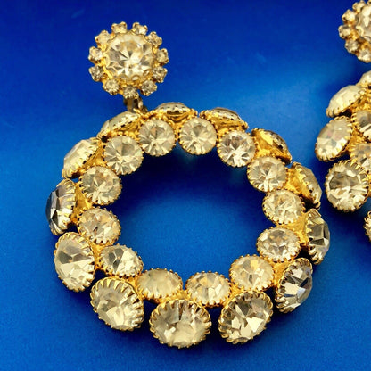Extravagant Gold Tone Runway Rhinestone Statement Hoop Clip Glamour Earrings
