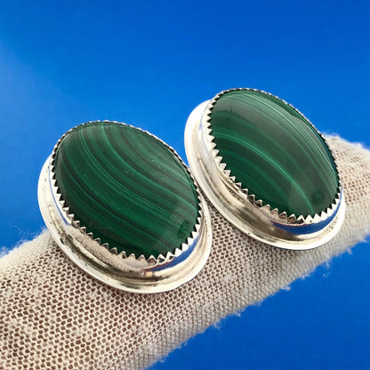 Native American Artisan Sterling Silver Oval Malachite Statement Stud Earrings