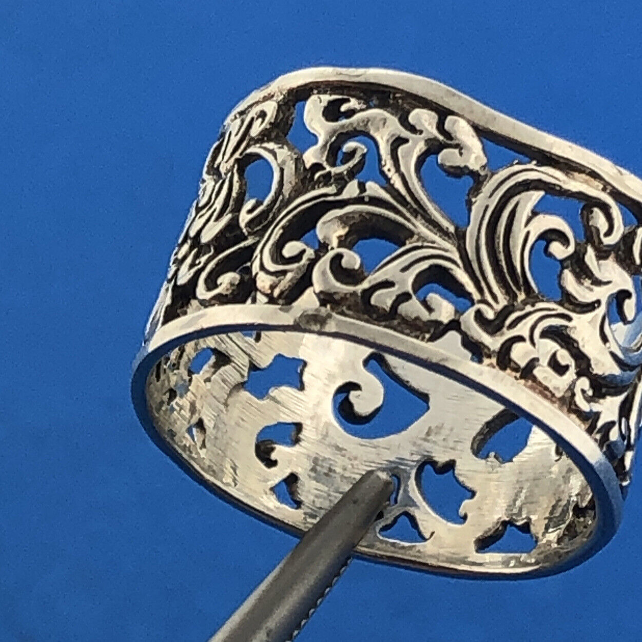 Sterling Silver 925 Abstract Floral Filigree Openwork Cigar Band Ring Size 8.25