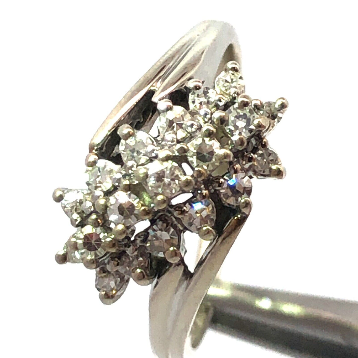 Designer 14K White Gold Round Diamond Cluster Waterfall Bypass Anniversary Ring