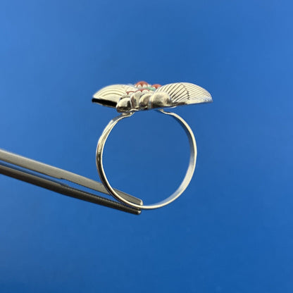 Lovely Sterling Silver 925 Cabochon Turquoise Coral Twin Leaf Finger Ring Size 8
