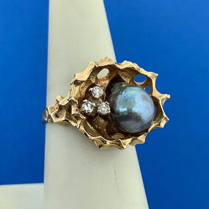 Gorgeous 14k Yellow Gold Black Pearl Diamond Nugget Basin Statement Ring Size 7