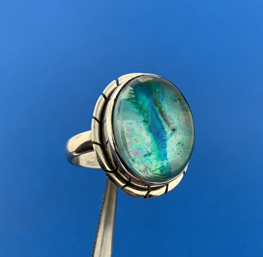 Stunning Sterling Silver 925 Cabochon Blue Green Glass Statement Ring Size 6.25