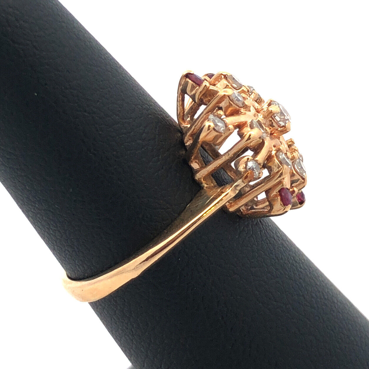 Designer 14K Yellow Gold Diamond Ruby Accent Starburst Snowflake Cocktail Ring