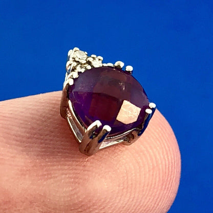 Designer 14K White Gold Cushion Cut Amethyst Diamond Accent Charm Pendant