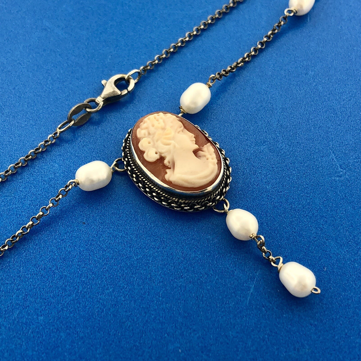 Vintage Italian Designer 925 Sterling Silver Cameo Pearl Station Necklace