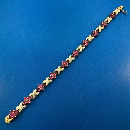 Designer 925 Sterling Silver Pink Spinel X O Floral Two Tone Tennis Bracelet